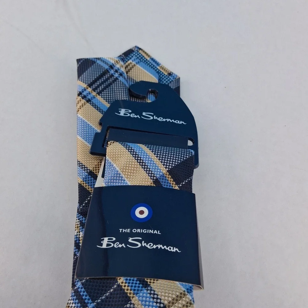 Ben Sherman Necktie Men OS Blue Tan Plaid Classic Woven Textured Polyester Tie